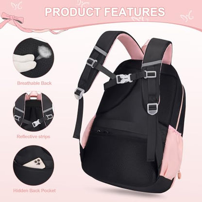 DIGOBAY Backpack for Girls, 3PCS Girls Backpack for School with Lunch Bag Pencil Case, Cute Kids Teens Bookbag for Kindergarten Elementary Preschool Middle School (Black-Pink) - color: Black-pink