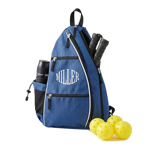 Personalized Pickleball Bag - Custom Paddle Backpack with Name or Logo, Crossbody Reversible Sling for Men & Women with Fence Hook and Water Bottle Holder - color: Blue