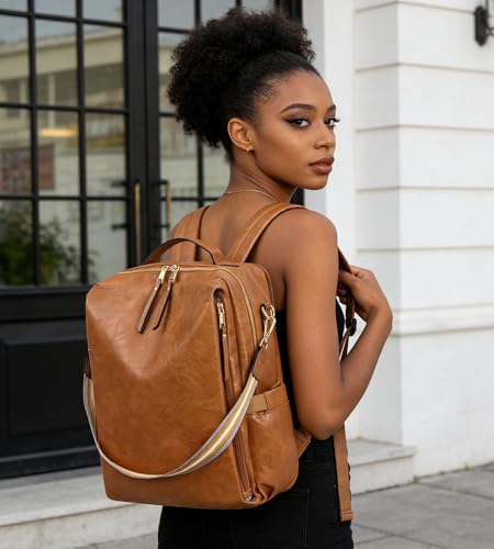 myfriday PU Leather Large Backpack Purse for Women Casual Travel Backpack Convertible Satchel Handbags With Luggage Strap (Brown) - color: Brown