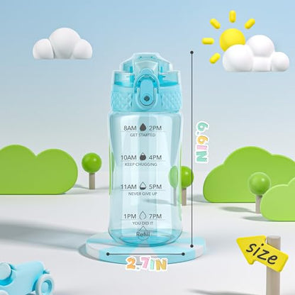 OLDLEY 12oz Kids Water Bottle, Tritan BPA-Free, Leakproof Flip Straw Lid, Motivational Time Marker, Carry Strap, Reusable Clear Water Bottle for Boys & Girls,Cerulean - color: Cerulean, style: 12 Ounces
