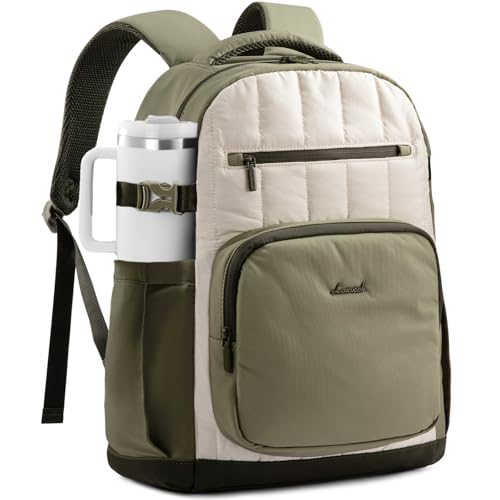 LOVEVOOK Laptop Backpack for Women with Giant Tumbler Holder Pocket,15.6 Inch Puffer Travel College Work Backpack Purse for Teacher Nurse,Casual Laptop Bag Computer Back Pack Daypack,White-Green-Black - color: Off-white - Bean Green - Black, size: 15.6 In