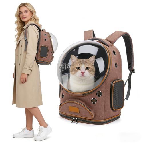 Cat Backpack Carrier, Breathable Cat Carrier Large Space Bubble Pet Backpack for Small Dog and Large cat up to 18lbs, Transparent & Foldable Pet Carrier for Travel Hiking (Brown) - color: Brown