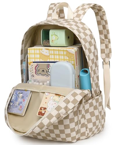 Bluboon School Backpack for Teen Girls Women Laptop Backpack College Bookbags Middle School Travel Work Commuter Back Pack - color: Brown White Grid