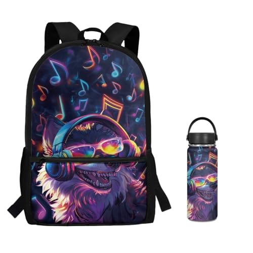 ZOUTAIRONG Boys Backpack and Insulated Thermos Cup Trendy Casual Bookbags with Side Pockets Music Wolf Printed School Bags and Water Bottle - color: Music Wolf