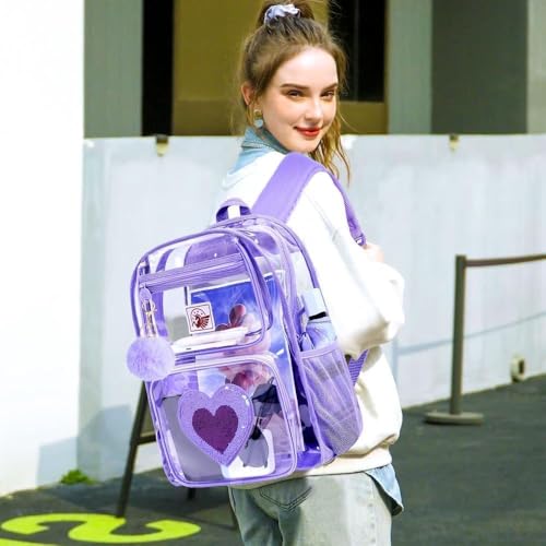 UFNDC 3PCS Clear Backpack Heavy Duty, See Through School Bag for Girls, Sequins Transparent Bookbag for Women - color: Purple Love Clear Backpack Set