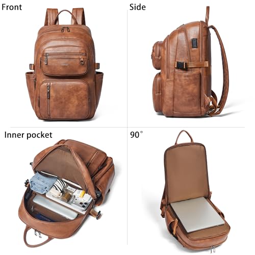 Vegan Leather Backpack, TSA Travel Backpack for Men and Women, Fits 17.0 Inch Laptop with Luggage Strap, Brown - color: Brown