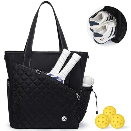 Pickleball Tote Bag for Women with Fence Hook, Quilted Pickleball Bag Holds 3-4 Paddles with Shoe Compartment & Wet Pocket - color: Black