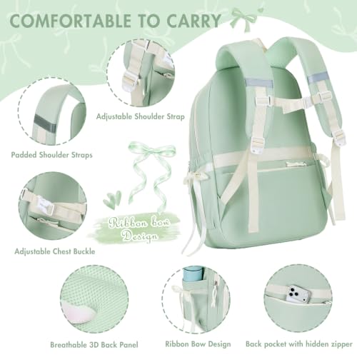 Kids Backpack for Girls - 3PCS Cute Embroidered Bow Girls Backpack with Insulated Lunch Bag & Pencil Case - Bookbag for Teen Women Middle High School College Work Travel Daypack - color: Sage