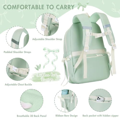 Kids Backpack for Girls - 3PCS Cute Embroidered Bow Girls Backpack with Insulated Lunch Bag & Pencil Case - Bookbag for Teen Women Middle High School College Work Travel Daypack - color: Sage