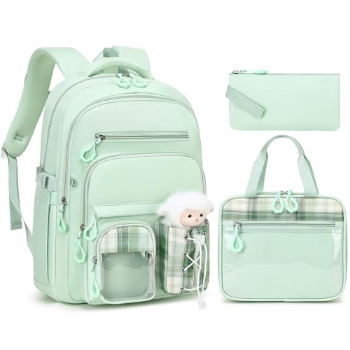 GeeWin Girls Backpack for School with Lunch Box & Pencil Case Set, 17 Inch Stylish Plaid Girls Bookbag with Lots of Pockets for Kids, Teens, Elementary Middle High College School (Light Green) - color: Light Green