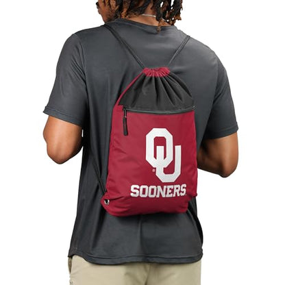 FOCO NCAA Officially Licensed Unisex Team Color Collage Primary Logo Wordmark Drawstring Backpack With Zippered Pocket - Oklahoma Sooners - color: Oklahoma Sooners