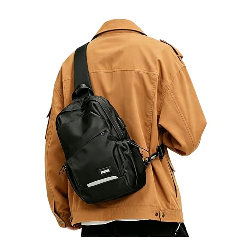 SEAFEW Small Black Sling Backpack Travel Hiking Daypack, Crossbody Sling Bag with USB Charging Port for Men Women 3 Layer Pockets One Shoulder Bag for Outdoor Sports Casual Commuting - color: Black
