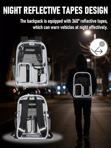 Clear Backpack Heavy Duty for Women Men Boys Girls, Large Clear Bookbag See Through Backpack for School College - color: 13-1#black-3m Reflective Strips