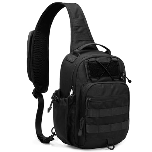 HALOVIE Anti-theft Tactical Sling Bag RFID Black Military Shoulder Bag with Phone Pack EDC Molle Crossbody Bag for men - color: Black