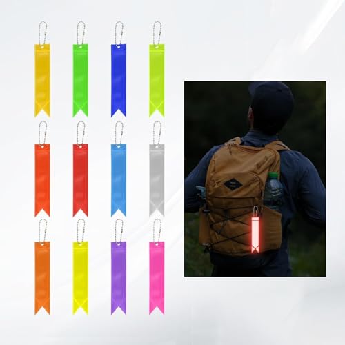 Reflective Keychain Tag for Backpack: 12 pcs School Bag Reflector Strap for Students - Night Safety Accessories for Runners Cyclists Commuters - High Visibility Zipper Tags