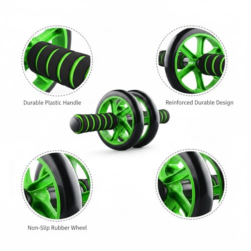 Green Ab Wheel Roller with Knee Pad, Dual Exercise Wheel for Core Strength Training, Non-Slip Rubber Wheels for Home Gym Workouts