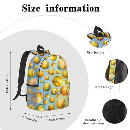 Softball Backpack for Kids & Youth, 16 Inch Tennis-Themed School Bookbag, Lightweight Polyester Daypack with Front Zip Pocket, Side Bottle Pocket, Padded Adjustable Straps, Unisex - color: Softball