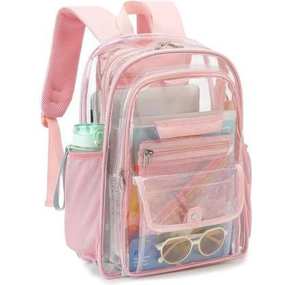 Clear Backpack for Girls Boys Women Men, Heavy Duty Transparent PVC Bookbag for School College Work See Through Backpack,Pink - color: Pink
