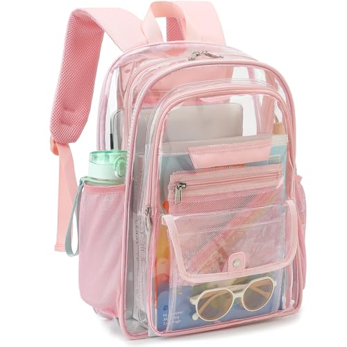 Clear Backpack for Girls Boys Women Men, Heavy Duty Transparent PVC Bookbag for School College Work See Through Backpack,Pink - color: Pink