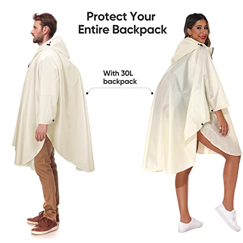 PTEROMY Hooded Rain Poncho for Adult with Pocket and Zipper, Waterproof Lightweight Raincoat for Men and Women - color: Beige