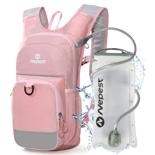 Nepest Kids Hydration Backpack, Mini Water Backpack with 1.5L Water Bladder for Hiking Cycling Running - color: Pink