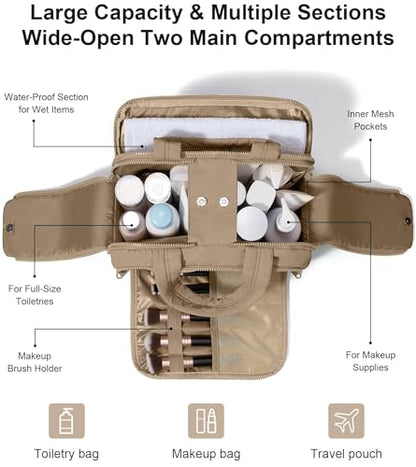 Travel Toiletry Bag, Large Wide-open Puffy Makeup Bag for Women Khaki - color: Khaki
