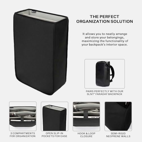 SLNT 20 Liter Backpack Organizing Insert with 3 Compartments, Slip-in Pockets, Velcro Closure - Compatible with SLNT Faraday Waterproof Backpack for Storing Laptops, Tablets, Phones, Devices (Black) - size: 20 L Backpack Organizer
