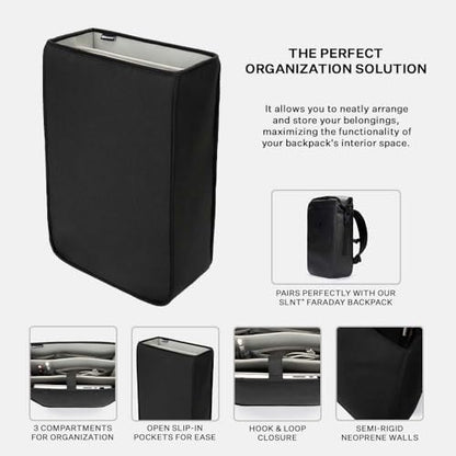 SLNT 20 Liter Backpack Organizing Insert with 3 Compartments, Slip-in Pockets, Velcro Closure - Compatible with SLNT Faraday Waterproof Backpack for Storing Laptops, Tablets, Phones, Devices (Black) - size: 20 L Backpack Organizer