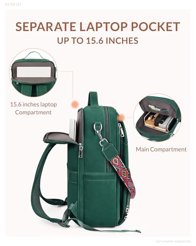 SYTRAH Leather Laptop Backpack, 15.6 Inch Business Computer Bag, Designer College Backpack Travel Backpack with Colorful Shoulder Bag Strap Green - color: Green
