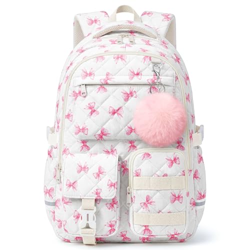 Quilted Backpack for Teen Girls, Cute Pink Bow School Backpack with Multi-Pocket Design, Lightweight Cotton Bookbag Fits 15.6" Laptop, Large Capacity Aesthetic Backpack with Plush Charm - color: Pink Bow