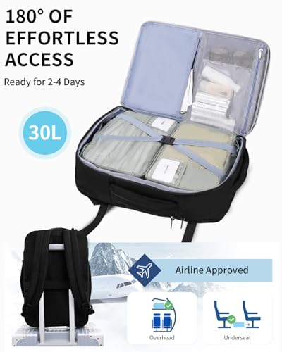 ECOHUB Carry On Travel Backpack, Expandable Airlines Personal Item Bag 18x14x8, Water Resistant 17 inch Laptop Backpack Flight Approved, 12 Pockets 30L Work Backpacks with Wet Pocket & Cable Slot - color: Black, size: 18 inch underseat