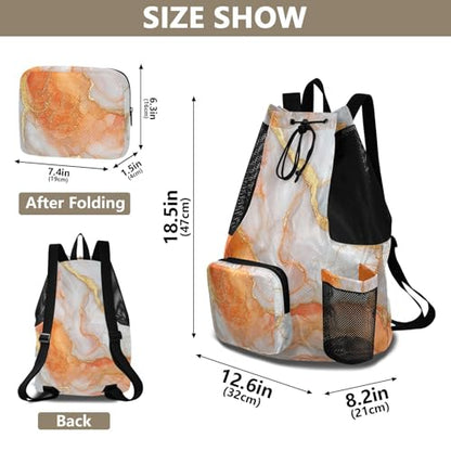 Drawstring Beach Backpack Sports Bag With Water Bottle Pocket Cinch Bags Wet and Dry Separation Marble White Orange - color: Color 25