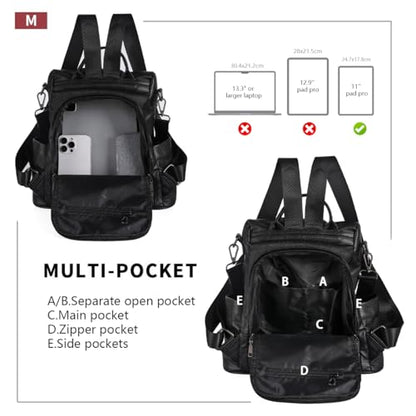 PINCNEL Women Backpack Purse Waterproof Nylon Anti-theft Rucksack Lightweight Shoulder Bag, Medium, Black - color: Black Leather, size: Medium