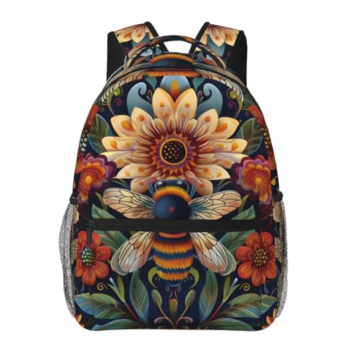 Vintage Bee Floral Backpack with Cushioned Straps for Laptop Tablet,11.4×5.9×15.7in,Colorful Insect Flower Back Pack for Travel School,Multi-Pocket Storage Bookbag,Ideal Gifts for Nature Lovers - color: Bee
