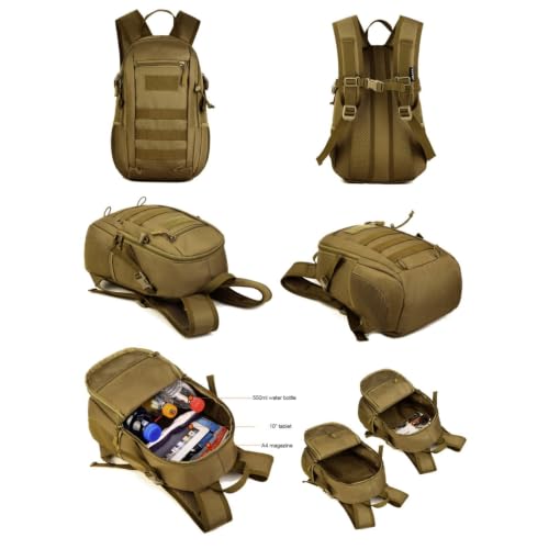 HUNTVP 10L Tactical Backpack Small Backpack Mini Daypack Military MOLLE Rucksack Gear Tactical Assault Pack Bag for Hunting Camping Trekking(10L Dark Brown) - color: Dark Brown, size: 10L