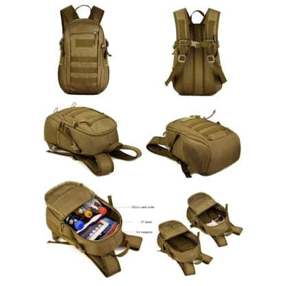 HUNTVP 10L Tactical Backpack Small Backpack Mini Daypack Military MOLLE Rucksack Gear Tactical Assault Pack Bag for Hunting Camping Trekking(10L Dark Brown) - color: Dark Brown, size: 10L