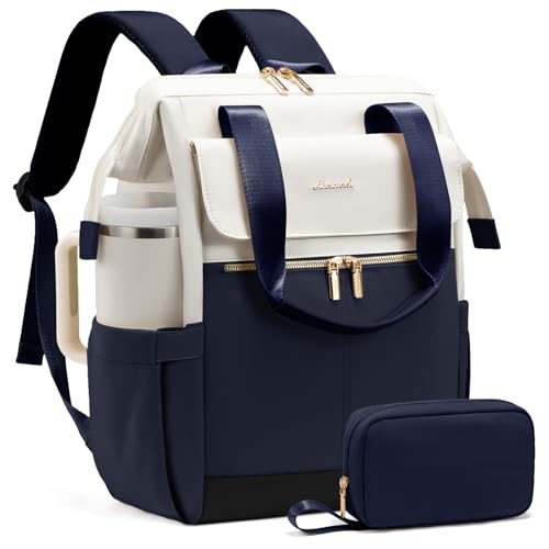 LOVEVOOK Laptop Backpack for Women, 15.6 Inch Work Laptop Bag with USB Port, Fashion Teacher Nurse Backpack Purse, Waterproof Travel Computer Backpack with Organizer Bag, 2PCS,Beige - Navy - color: Beige - Navy, size: 15.6" - 2pcs