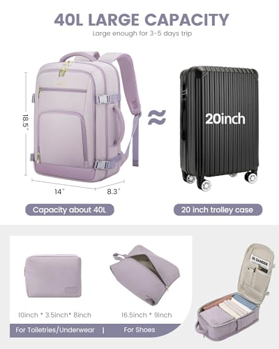 LOVEVOOK Travel Backpack For Women, 40L Carry On Backpack Flight Approved, TSA Personal Item Travel Bag Fits 17 Inch Laptop, Business Weekender Overnight Waterproof Daypack With 2 Cubes, Light Purple - color: Light Purple, size: 40l-17.3 Inch-3pcs