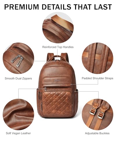 Bluome Work Backpack for Women Men, Laptop Vegan Leather Backpack Purse with 15.6–17 Inch Laptop, Multi-Pocket Bookbag for Office Travel Gym Weekend Overnight Bag, Brown - color: Brown