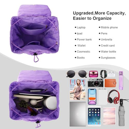 XSUIOY Quilted Backpack Purse for Women Small Lightweight Puffer Puffy College Laptop Backpack Nylon Casual Bookbag Daypack Top Flap Drawstring Padding Hiker Travel Gym Backpack(Purple) - color: Purple