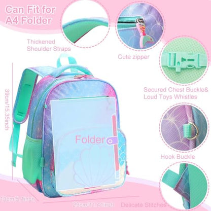 RHCPFOVR Kids Backpack for Girls - Girls Backpack 3-8 Ages Mermaid for Kids 15 Inch School Bookbag for Kindergarten Elementary School Bookbag for Girl 1st 2nd Grade - style: Blue Mermaid Scale