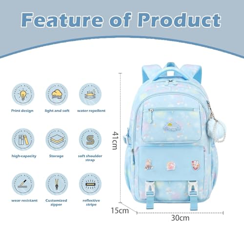 Cute Backpack for Girls,15.6'' School Backpacks for Girls,Waterproof & Large Capacity Kids Backpack Ages 6-12 (Blue)