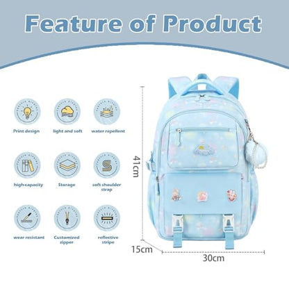 Cute Backpack for Girls,15.6'' School Backpacks for Girls,Waterproof & Large Capacity Kids Backpack Ages 6-12 (Blue)