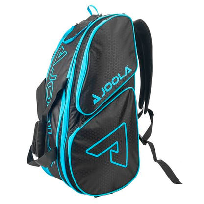JOOLA Tour Elite Pickleball Bag – Backpack & Duffle Bag for Paddles & Pickleball Accessories – Thermal Insulated Pockets Hold 4+ Paddles - Includes Fence Hook - color: Black/Light Blue