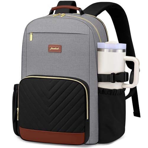 Focdod Laptop Backpack for Women Bookbag: 15.6 inch Work Backpacks with Pouch Pocket for Large Capacity Cup & USB Charger College Book Bag Travel Business Nurse Teacher Bookbags Anti-theft Back Pack - color: Black Grey Brown, size: 15.6 inch