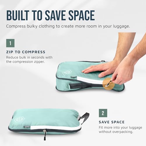 TRIPPED Travel Gear Large Compression Packing Cubes 7-Piece Set for Travel - color: DustyTeal/White