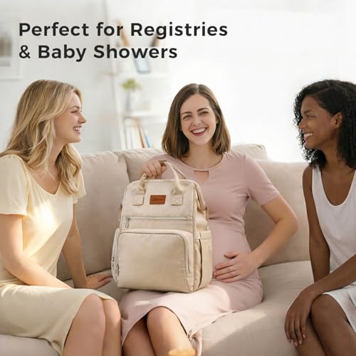 Diaper Bag Backpack, Large Capacity Baby Bag with 14 Pockets, 3 Insulated Bottle Pockets, Changing Pad, Wet/Dry Pocket, Stroller Straps and Luggage Sleeve, Unisex for Mom and Dad, 27L Beige - color: Beige, size: Large
