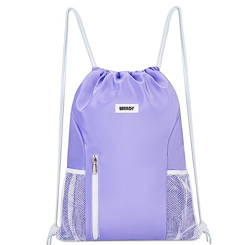 WANDF Drawstring Backpack Sports Gym Sackpack with Mesh Pockets Water Resistant String Bag for Women Men (Purple) - color: Purple