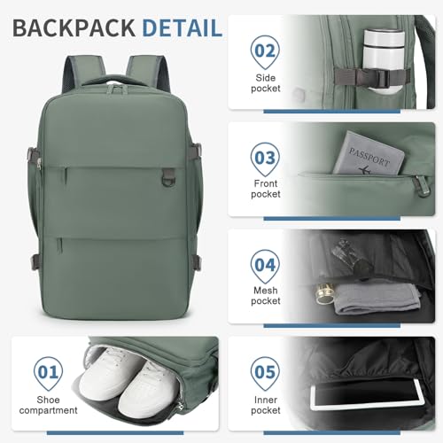 Travel Backpack for Men Women, 35L Laptop Backpack W/Shoe Compartment, Water Resistant Flight Approved Fits 15.6-inch Laptop, Grey-green - color: Grey-green