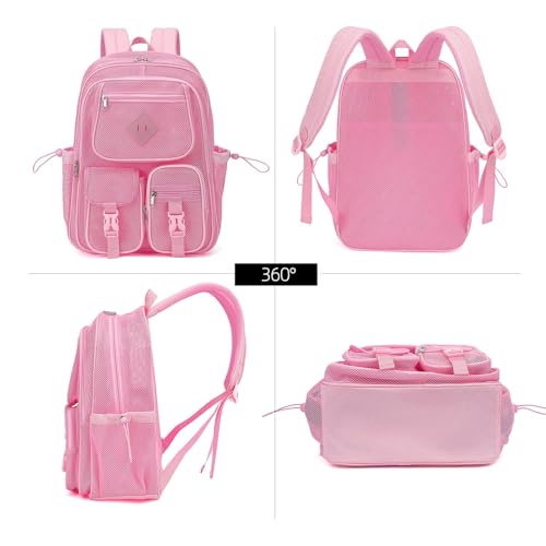 Pink Mesh Backpack for Girls Boys, Mesh Bookbags Heavy Duty Semi-Transparent School Bag for College, Travel, Beach, Swimming, Sports - color: Pink